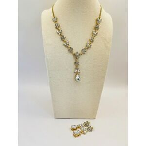 Charming Charlie Sweet Floral Y-Drop Necklace Earring Set Gold Tone Prom Wedding